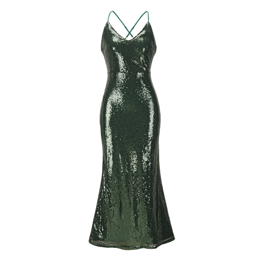 SZ60256-3 Green Sequin Cross Back Fishtail Maxi Dress